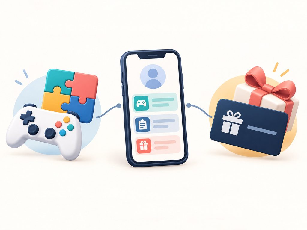 Illustration of game and survey tasks leading to digital rewards